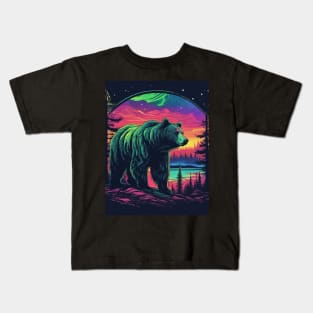 Brown Bear with Forest and Borealis, Colorful, Beautiful Kids T-Shirt